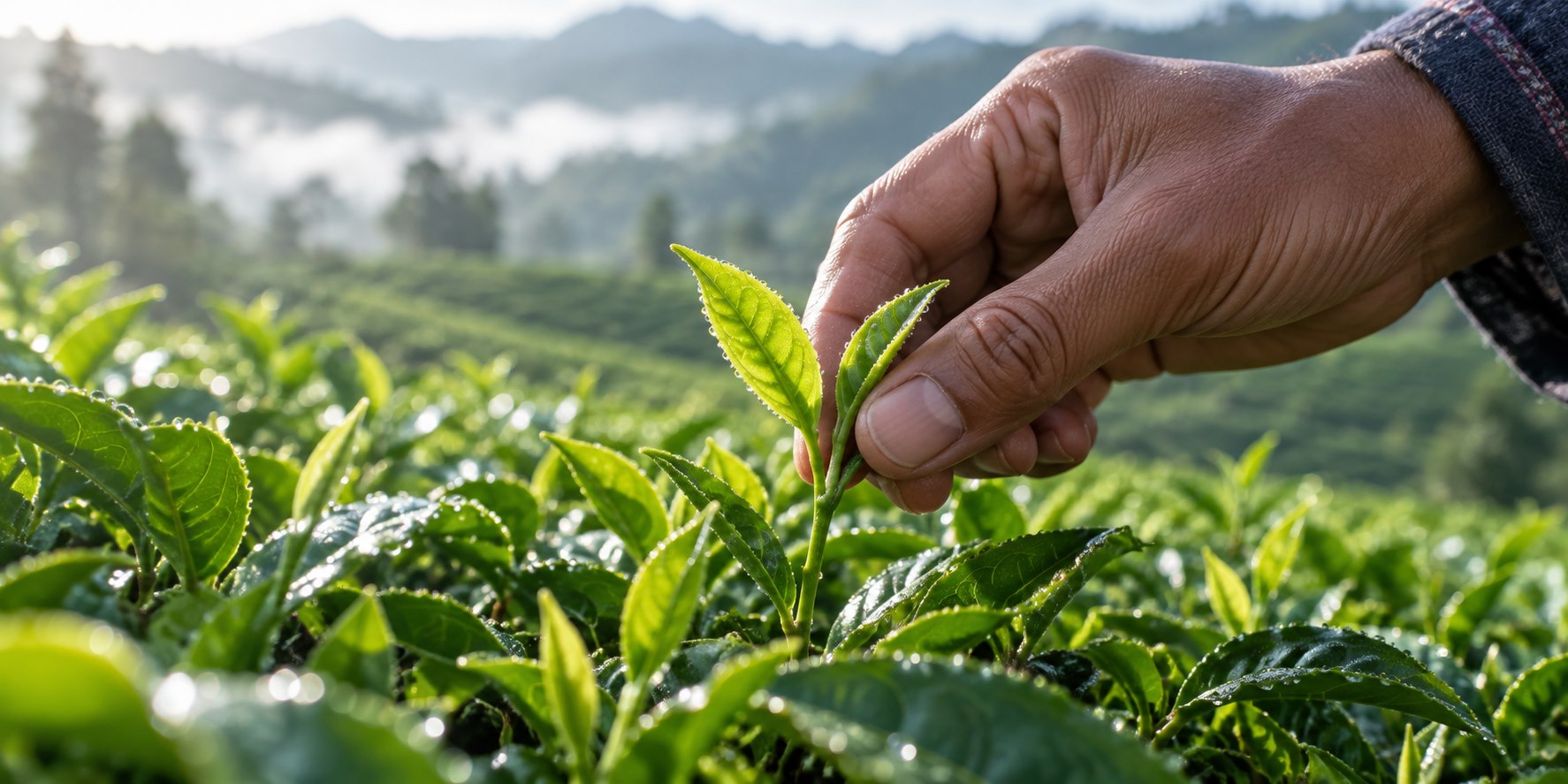 A grower gently picking fresh tea leaves