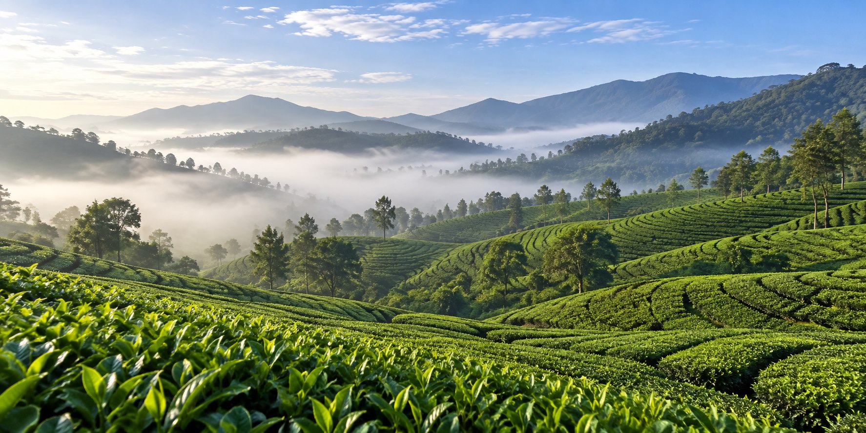 Misty green tea gardens in the morning
