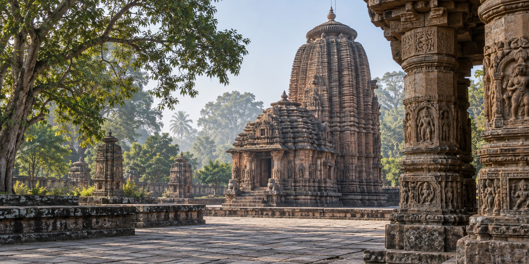 Odisha temple architecture and carved stone courtyard