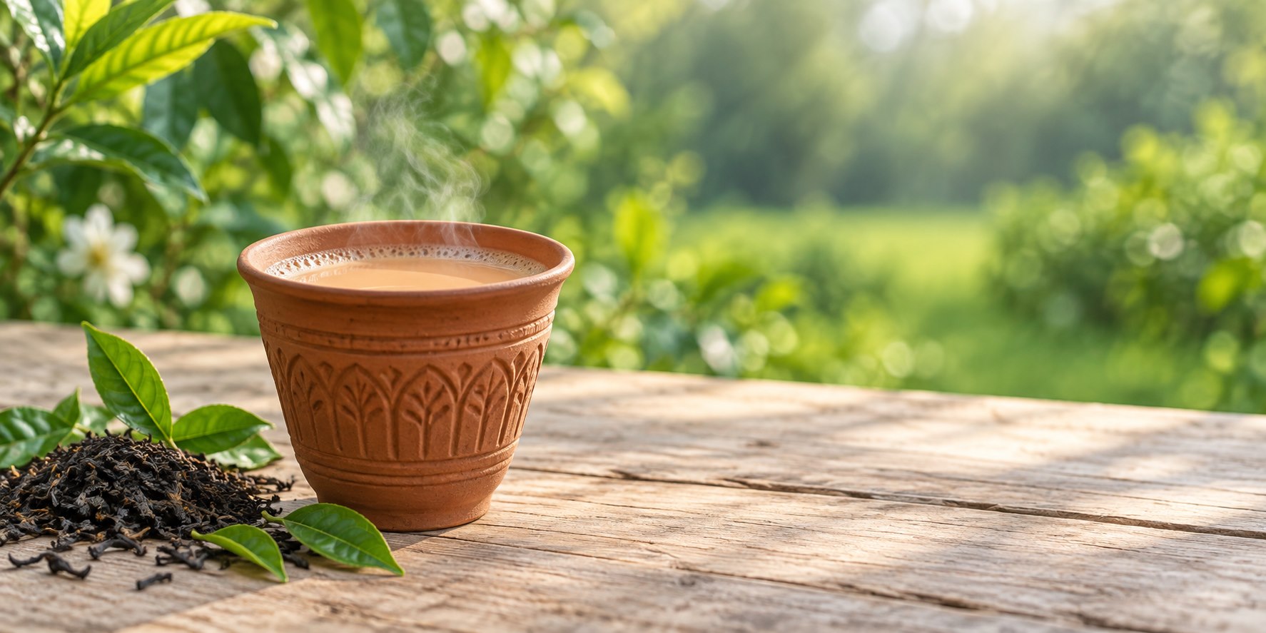 A fresh cup of tea in a peaceful garden